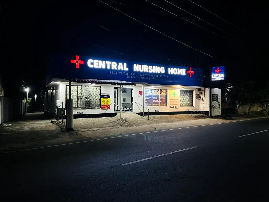 Central Nursing Home illuminated at night